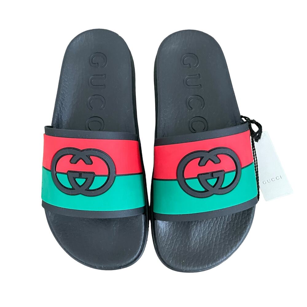 GUCCI Women's Interlocking G Slide Sandal Black Red Green Size 37 NEW - Picture 3 of 15